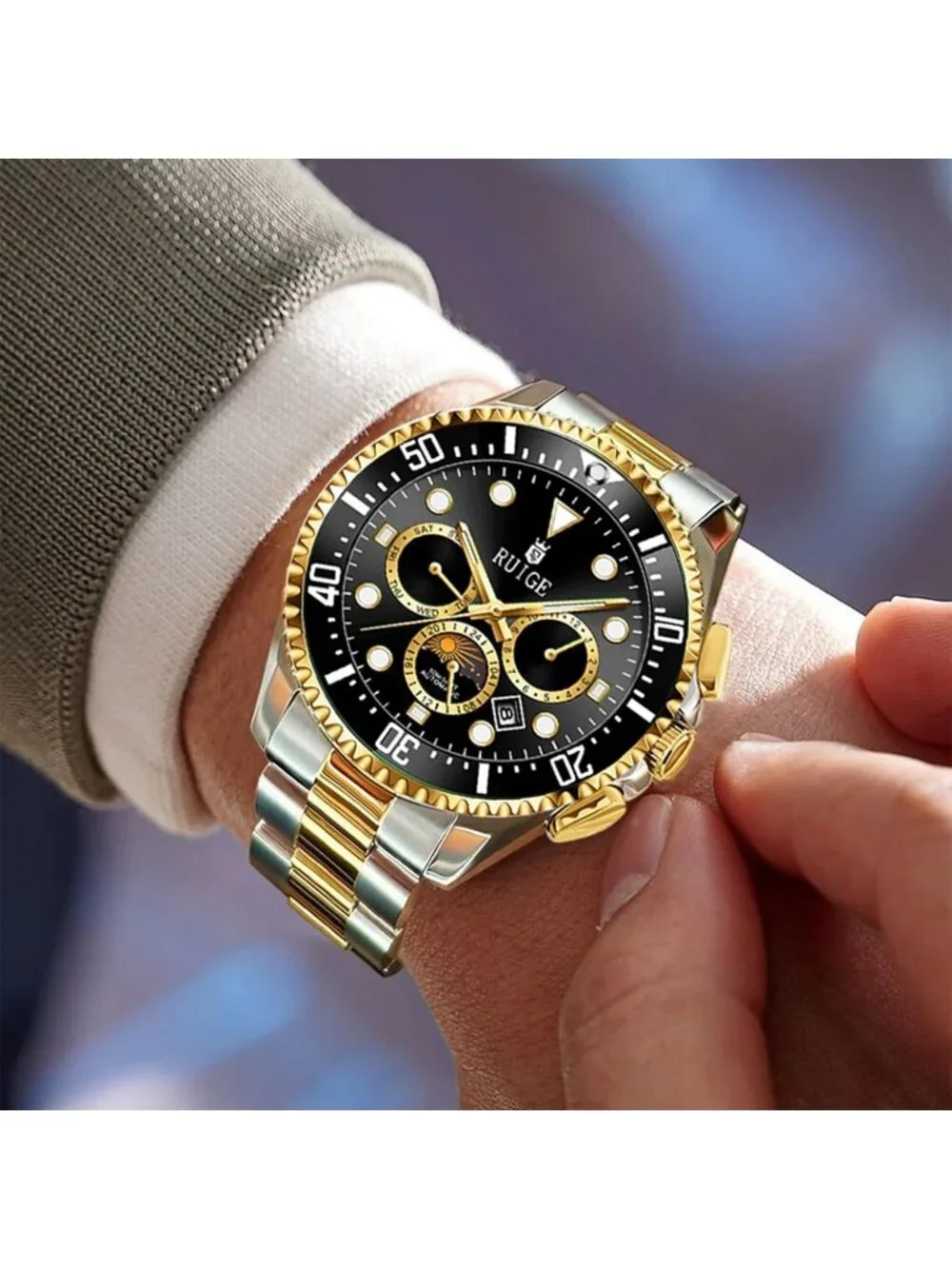 Men's Black Two-Tone Gold Steel Mechanical Waterproof Luminous Wrist Watch